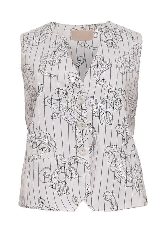 witte gilet met zwarte paisleyprint en streep zonder mouwen
