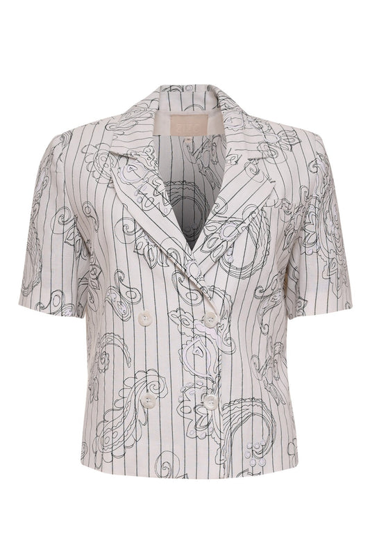 tanner blazer met korte mouwen, v-hals, dubbele knoopsluiting en lihte streep met zomer motief.