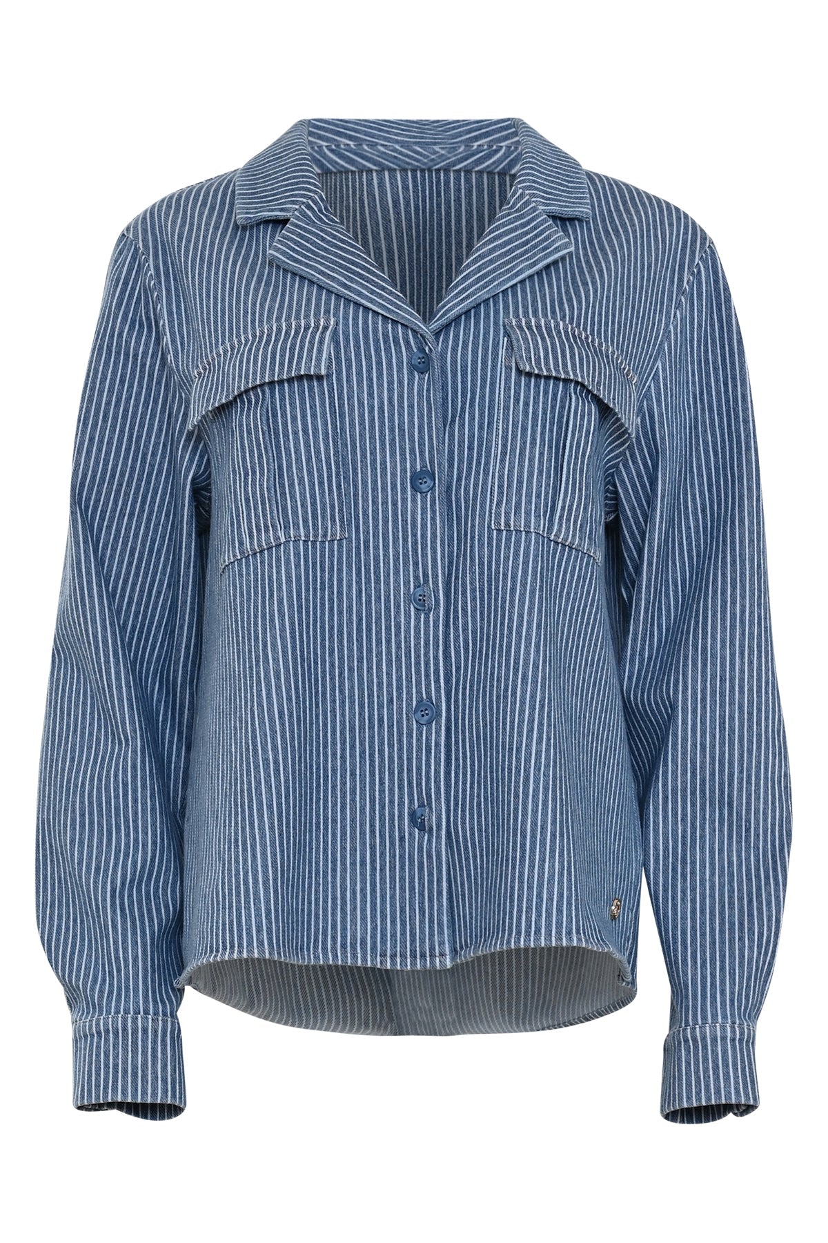 vera gestreepte blauwe blouse met knoopsluiting en borstzakken