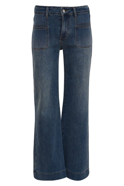 porto donkerblauwe dames jeans met vintage wassing, wijde pijpen en grote opgestikte voorzakken