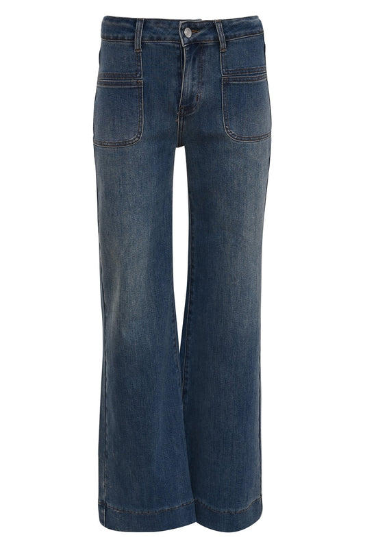 porto donkerblauwe dames jeans met vintage wassing, wijde pijpen en grote opgestikte voorzakken
