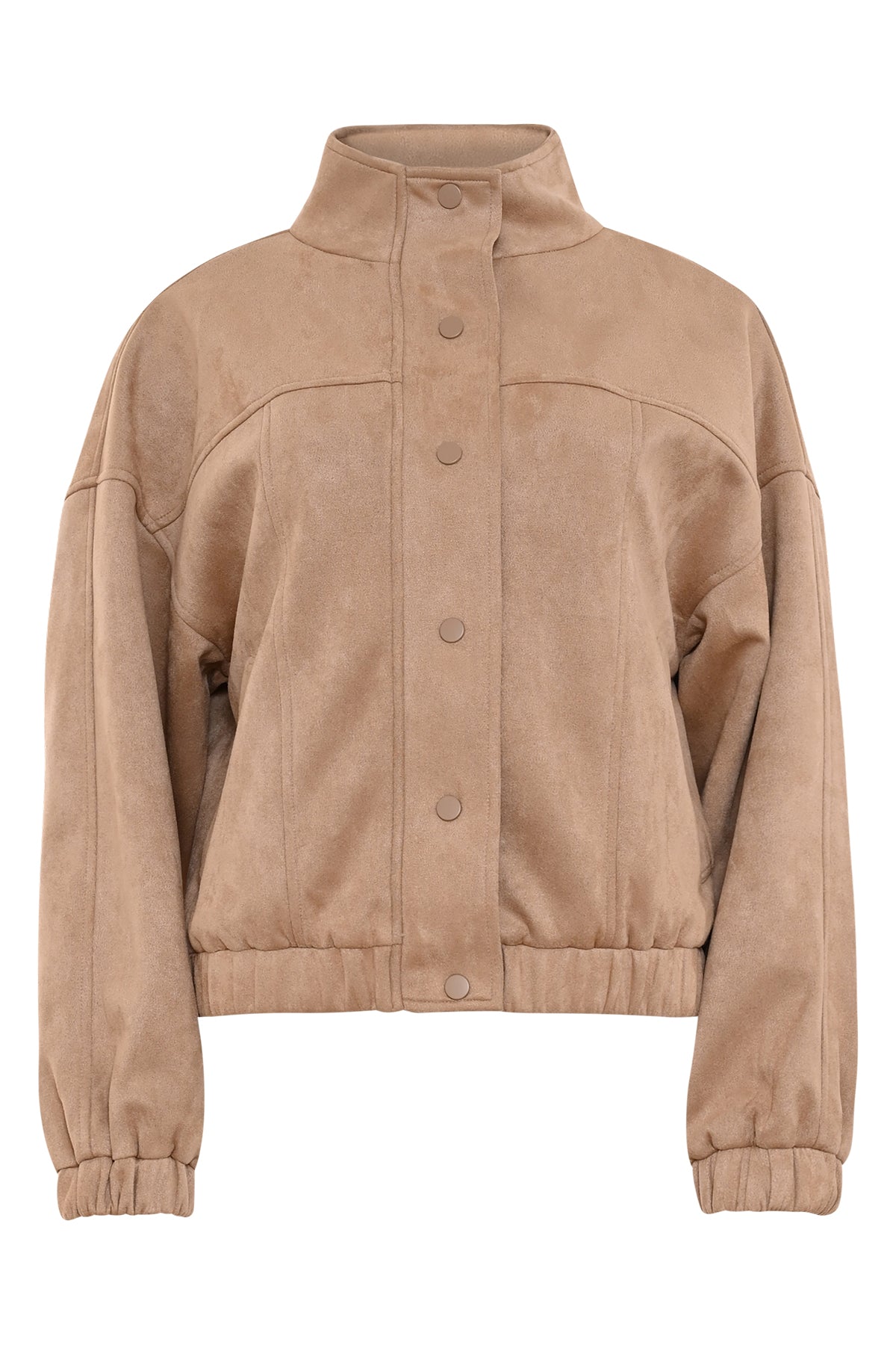 prosper jasje camel kleur in suèdelook met opstaande kraag, knoopsluiting en zakken