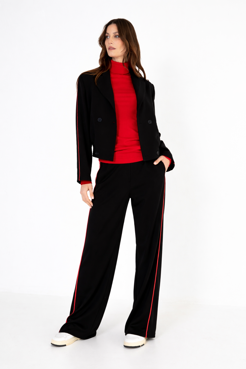 Zwarte broek Rachel met rode zijstreep