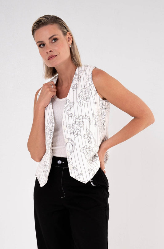 gilet korte mouwen met subtiele streep en zwarte zomerprint