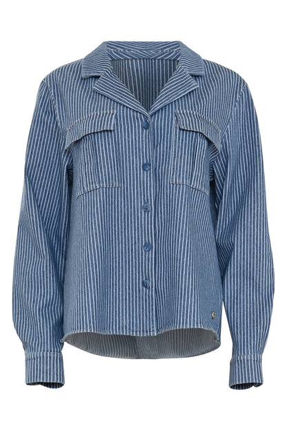 vera gestreepte blauwe blouse met knoopsluiting en borstzakken